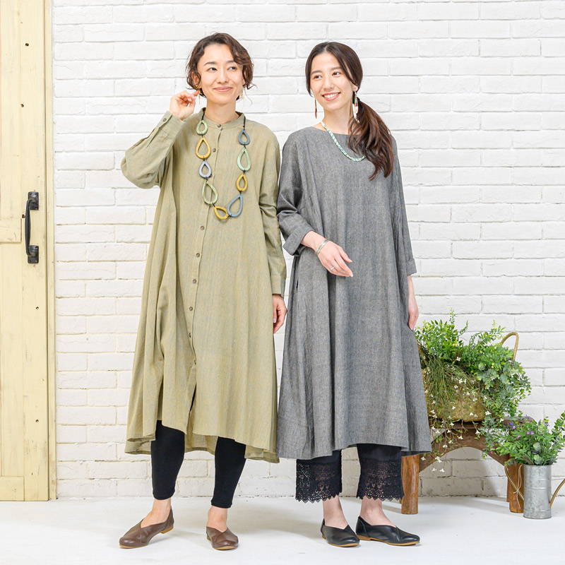 NEW インドの織物カディ生地で仕立てたワンピース NEW インドの織物カディ生地で仕立てたワンピース