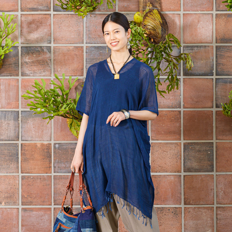 NEW 藍染めのポンチョワンピースとスカート付きパンツ