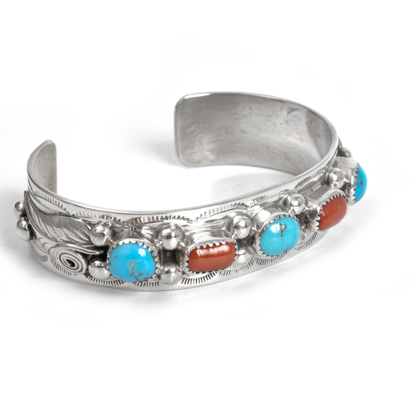 146mm ナバホ族 Wilbert Meyers ターコイズ×コーラル バングル