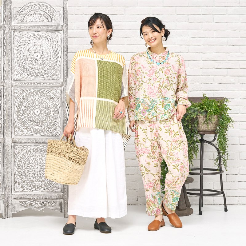30%OFF コットンダブルガーゼ2種ブロックプリントパンツ｜マライカ