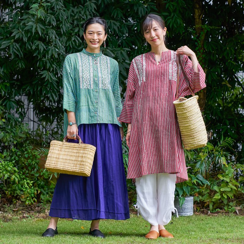 マーラカランコエ　刺繍 レース ストライプ ブラウス グリーン レディース 大人 上品 花刺繍レースが可愛らしいふんわり