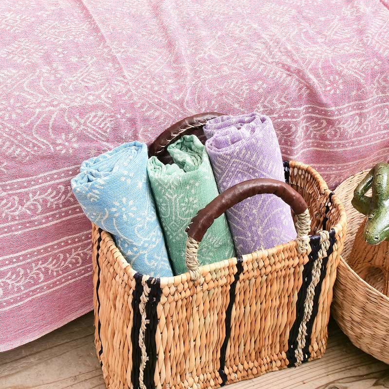 シャンブレーイタワ×ブロックプリントマルチクロス 180cm×270cm インド