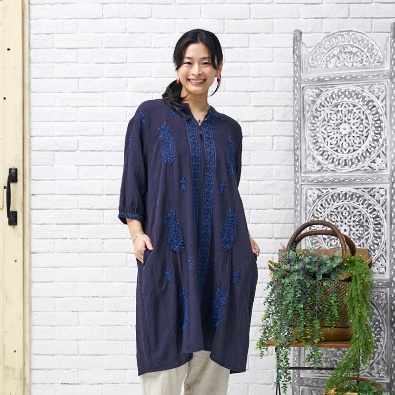 NEW 柔らかい麻混生地にインド伝統のラクノウ刺繍を施したシリーズ