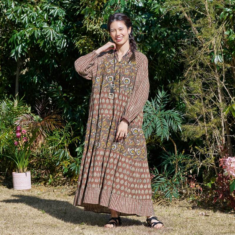 ブロックプリントティアードワンピース｜マライカ公式通販