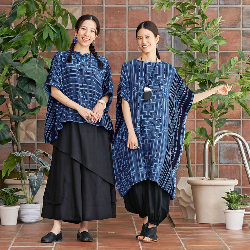 モン族柄藍染プリントスタンドカラーブラウス 【メール便可