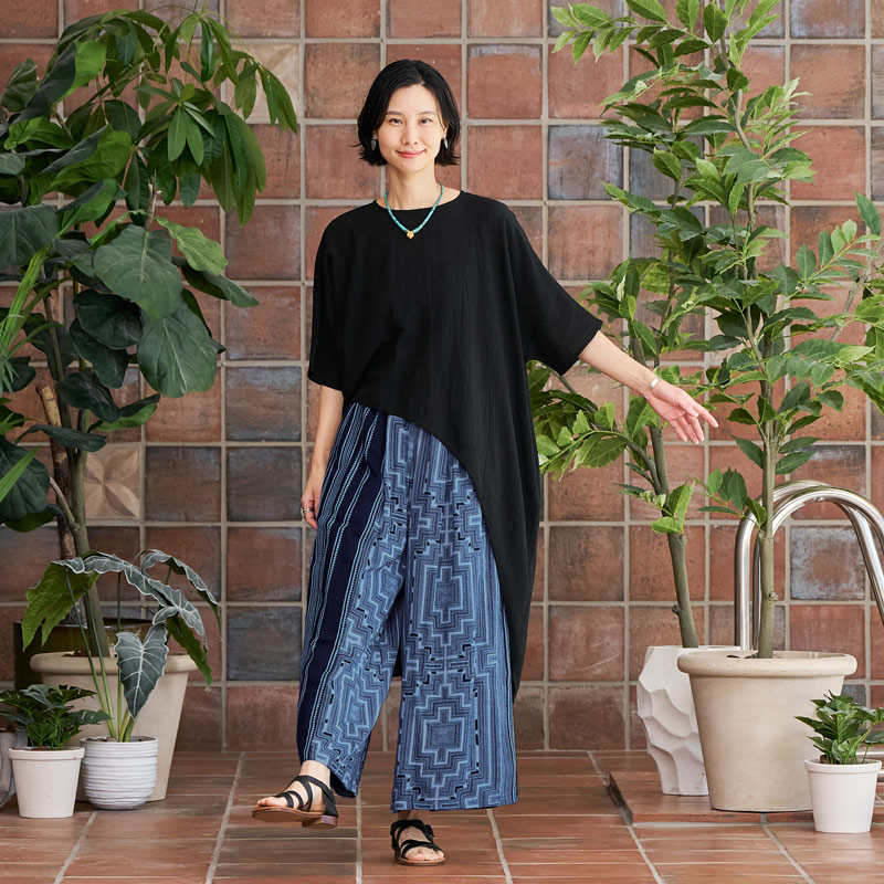 ハンドメイド・古布・リメイク・手作り・ワイドパンツ・モンペ・綿・絣