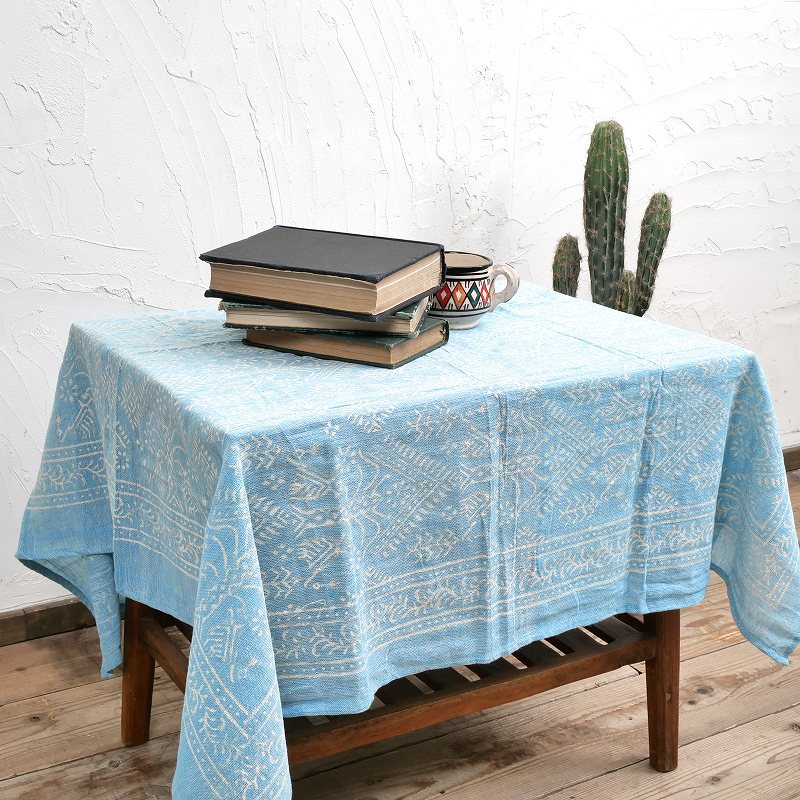 シャンブレーイタワ×ブロックプリントテーブルクロス 110cm×110cm