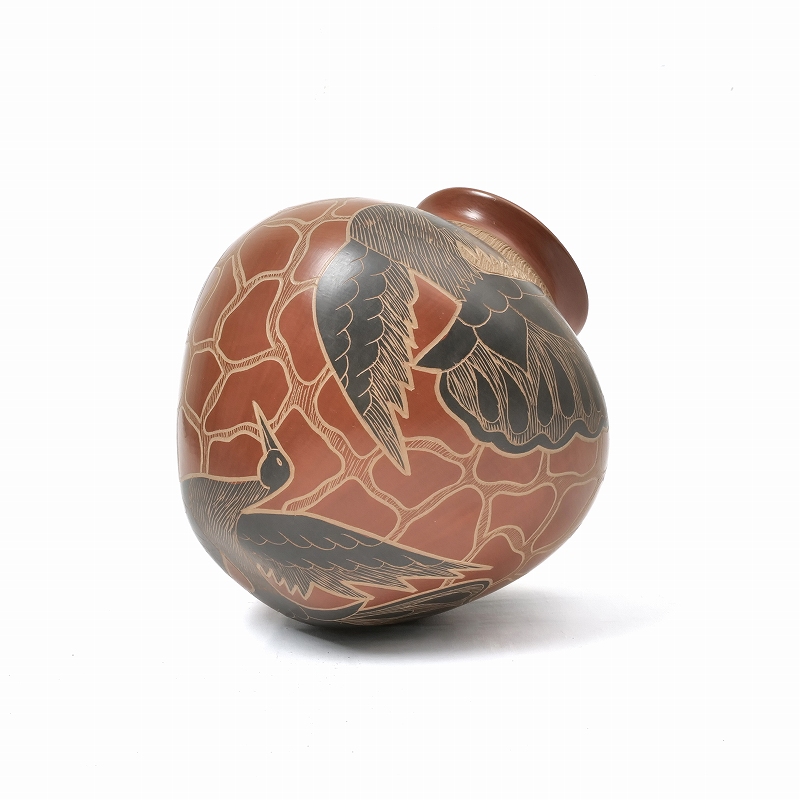 マタ・オルティス陶器 by Lupe Soto 黒い鳥 赤褐色 壺｜マライカ公式通販