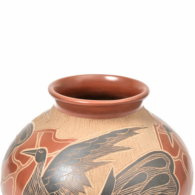 マタ・オルティス陶器 by Lupe Soto 黒い鳥 赤褐色 壺｜マライカ公式通販