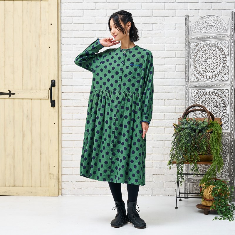 ステッチ×ドットブロックプリント前あきワンピース｜マライカ公式通販