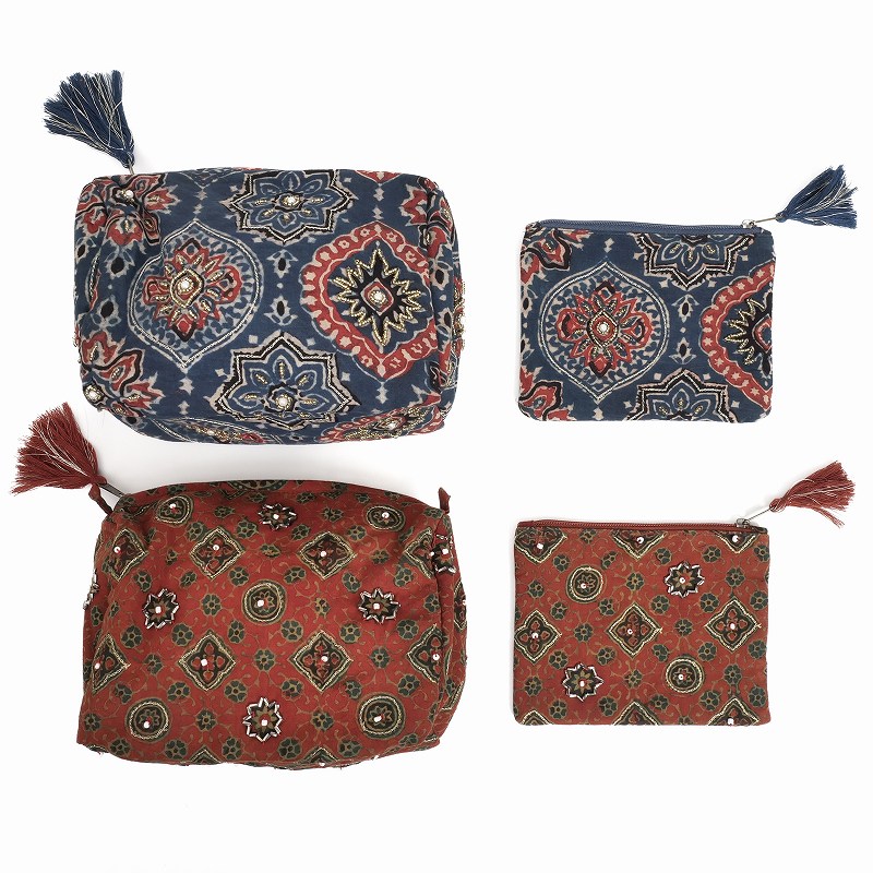 アジャラクプリント×ビーズ刺繍ポーチ M 【メール便可