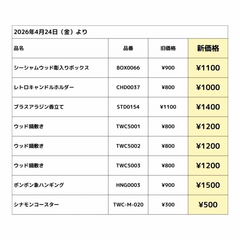 ◇価格改定（値上げ）のお知らせ◇