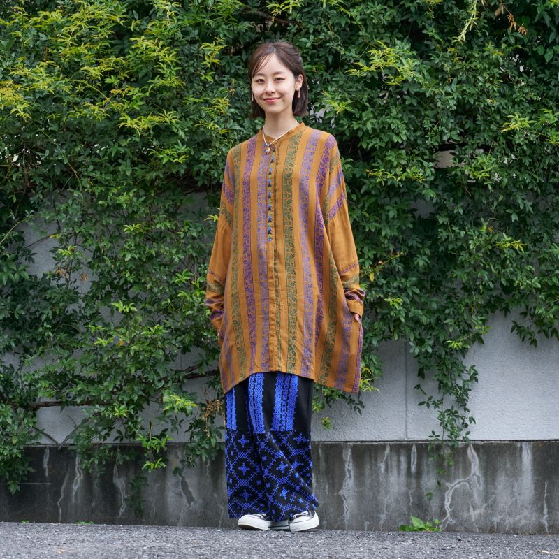 レーヨンストライププリント×三角刺繍前あきワンピース 【メール便可