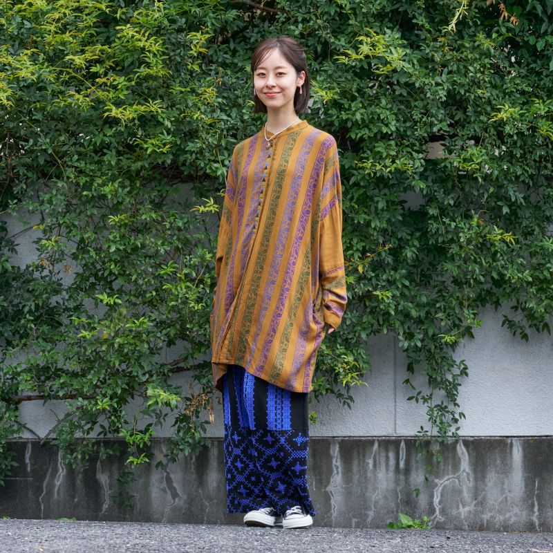 レーヨンストライププリント×三角刺繍前あきワンピース 【メール便可